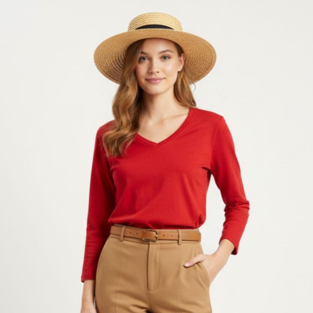 St. John Sport Marie Gray Red V Neck Long Sleeve Tee T Shirt Top M